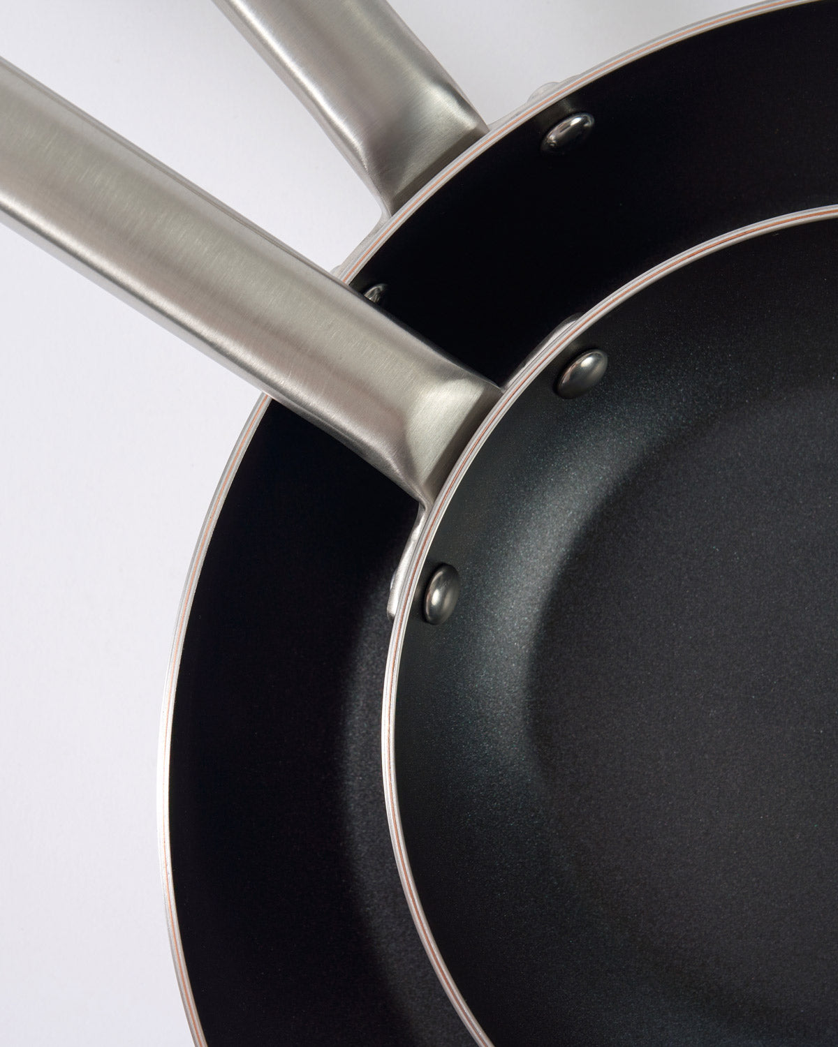 Close-up of two non-stick frying pans with stainless steel handles