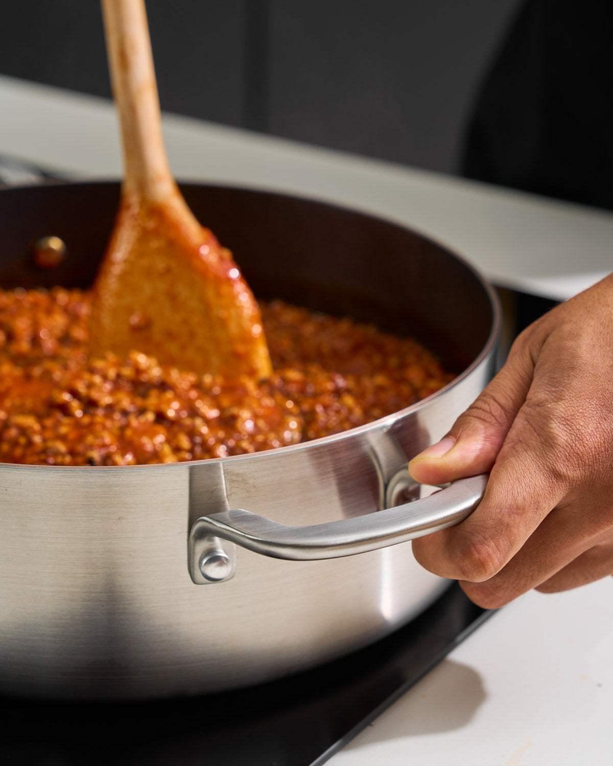 MAKO Non-Stick Collection (5 Piece Set) CookDineHost - essential pan in use meat sauce