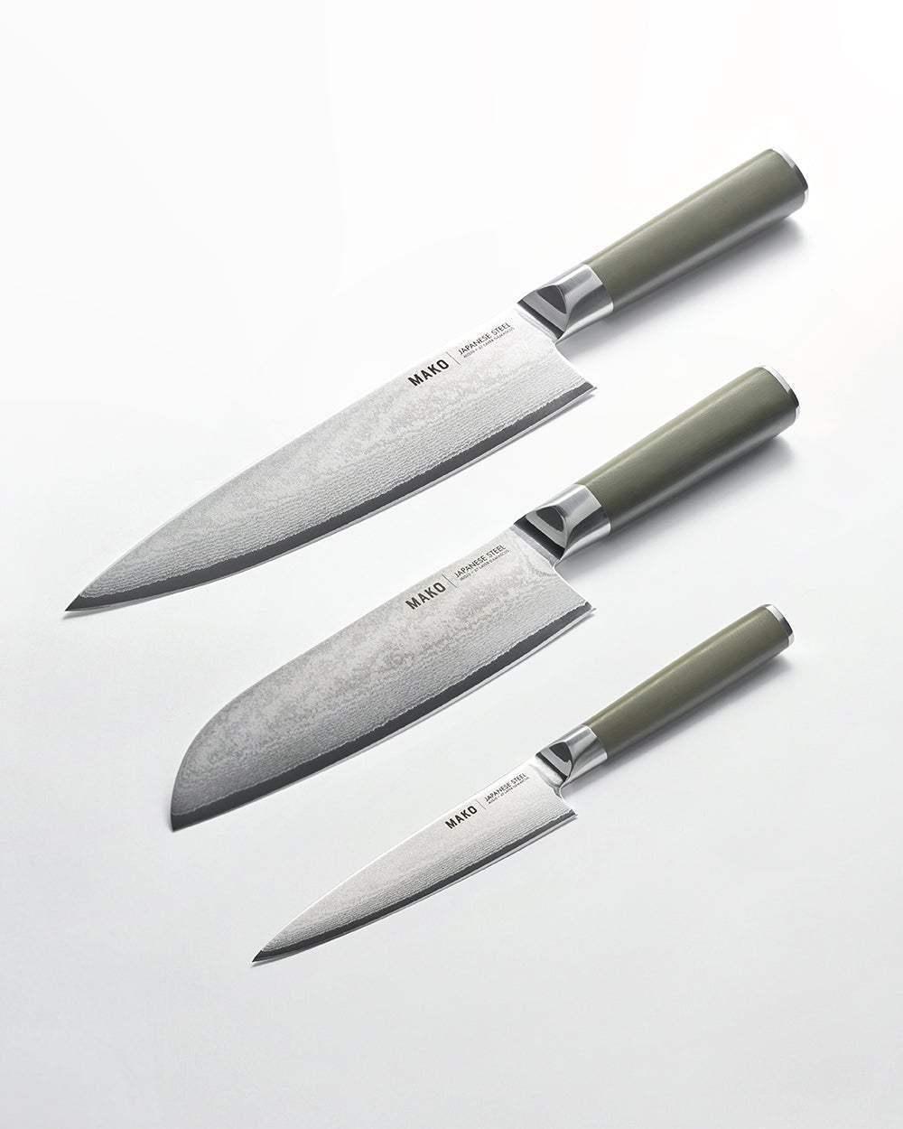 Japanese steel knife set with olive green handles, three kitchen knives on white background