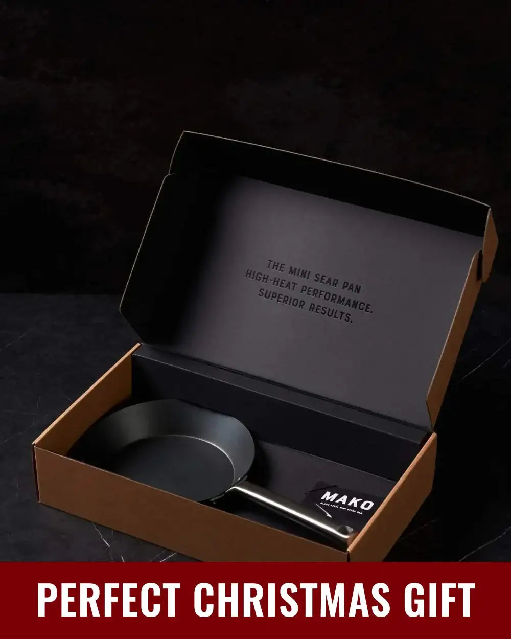 Mako mini sear pan by Marion Grasby in open box with high-heat performance text, perfect Christmas gift