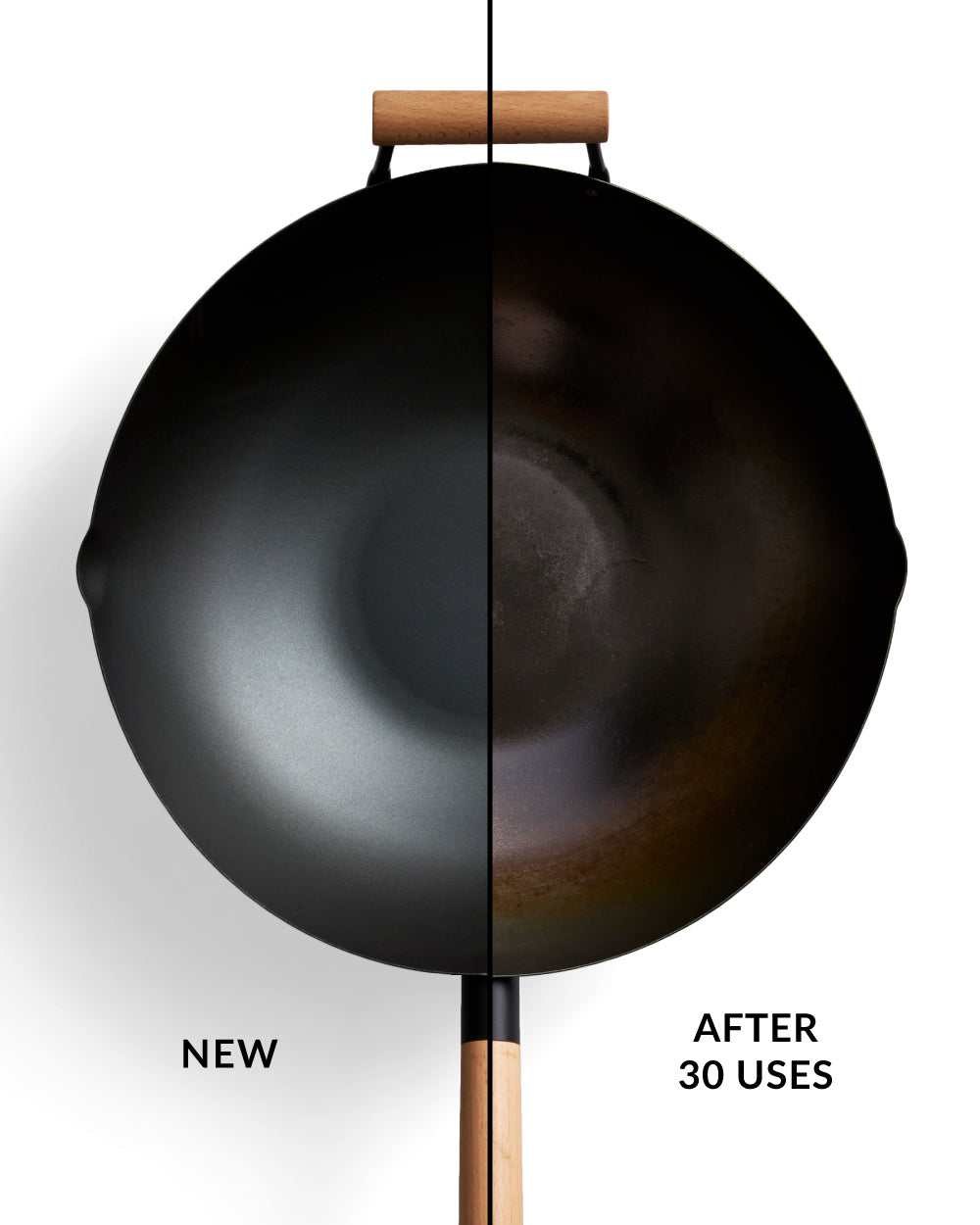 Black steel wok with wood handle shown new and after 30 uses, demonstrating seasoning effects.