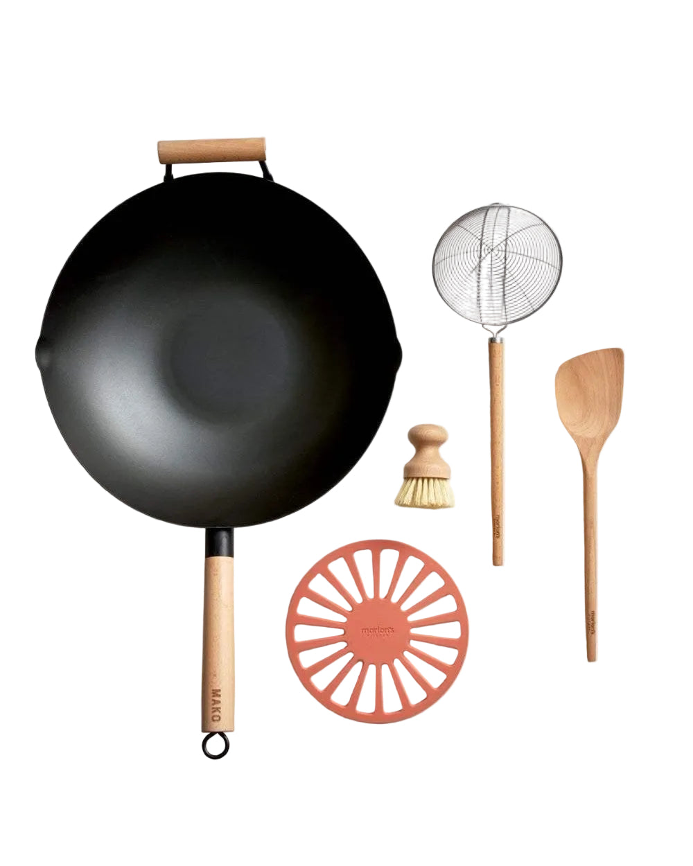 MAKO Black Steel 14 Wok Kit Flat lay on white backdrop with all components