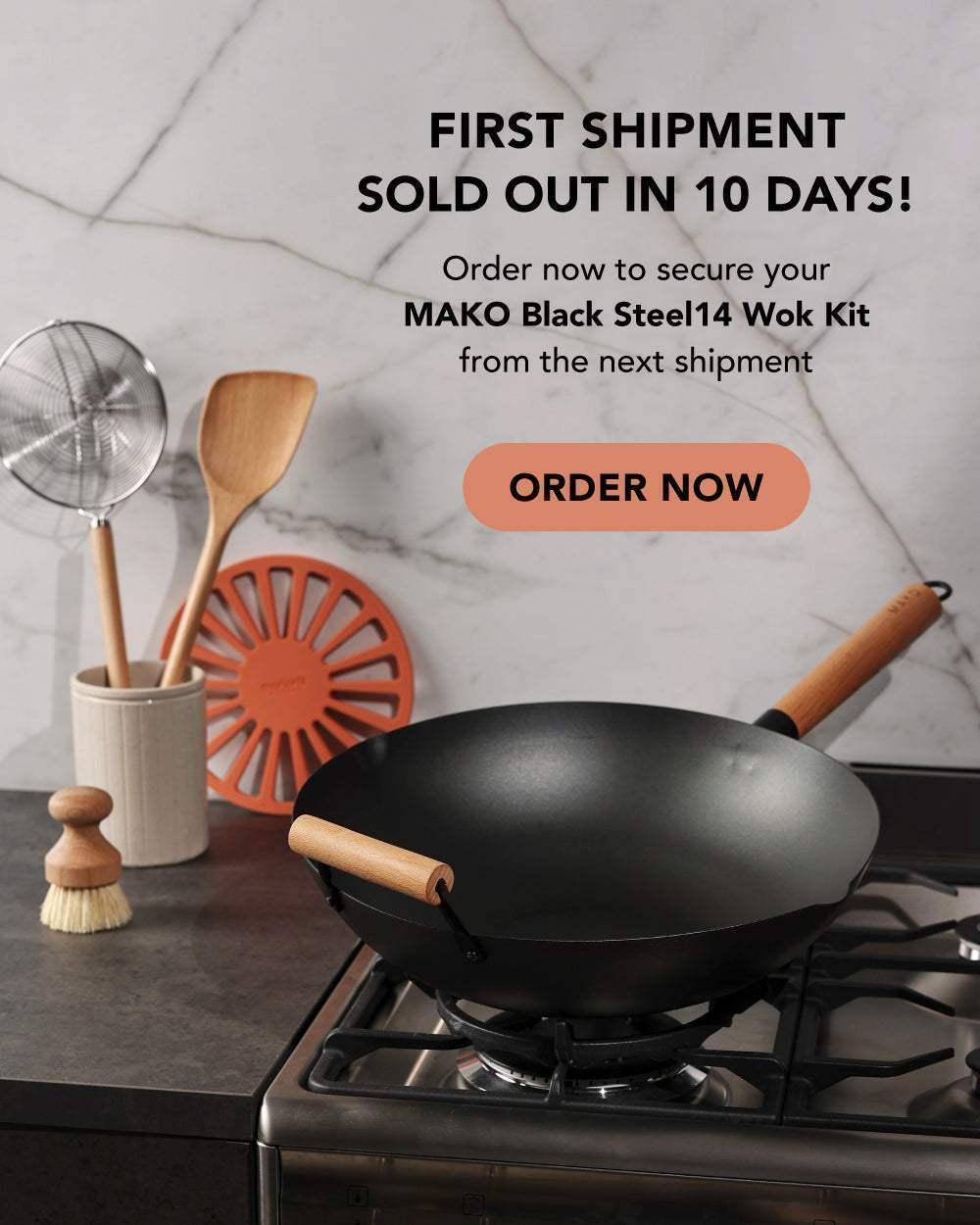 MAKO Black Steel 14 Wok  Kit - CookDineHost on cooktop with order now messaging
