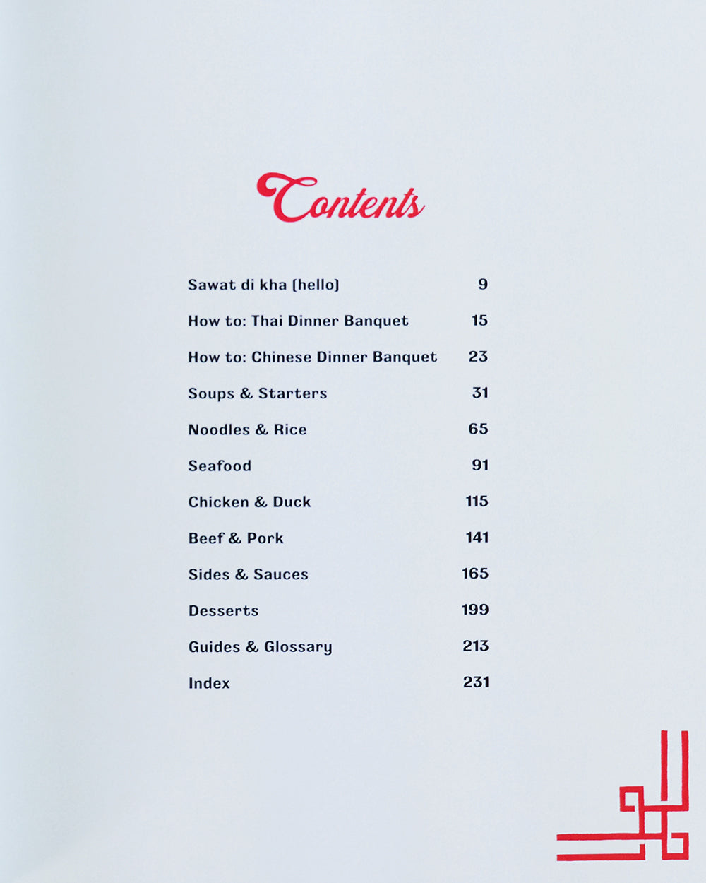Table of contents page listing sections like Thai and Chinese dinner banquets, soups, noodles, seafood, and desserts in an Asian cookbook.