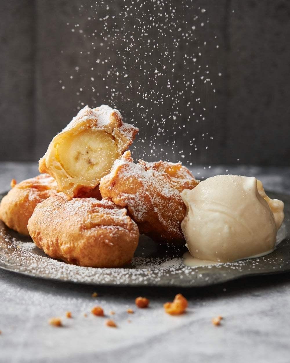 Banana fritters dusted with powdered sugar, served with a scoop of vanilla ice cream.