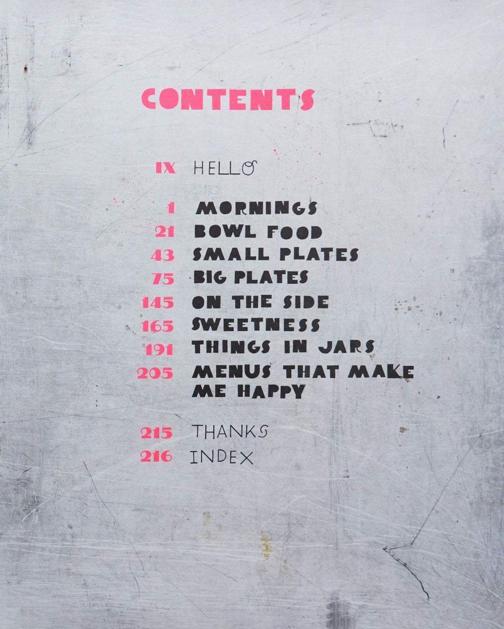Table of contents page with sections for mornings, bowl food, small plates, big plates, sides, sweetness, jars, and happy menus
