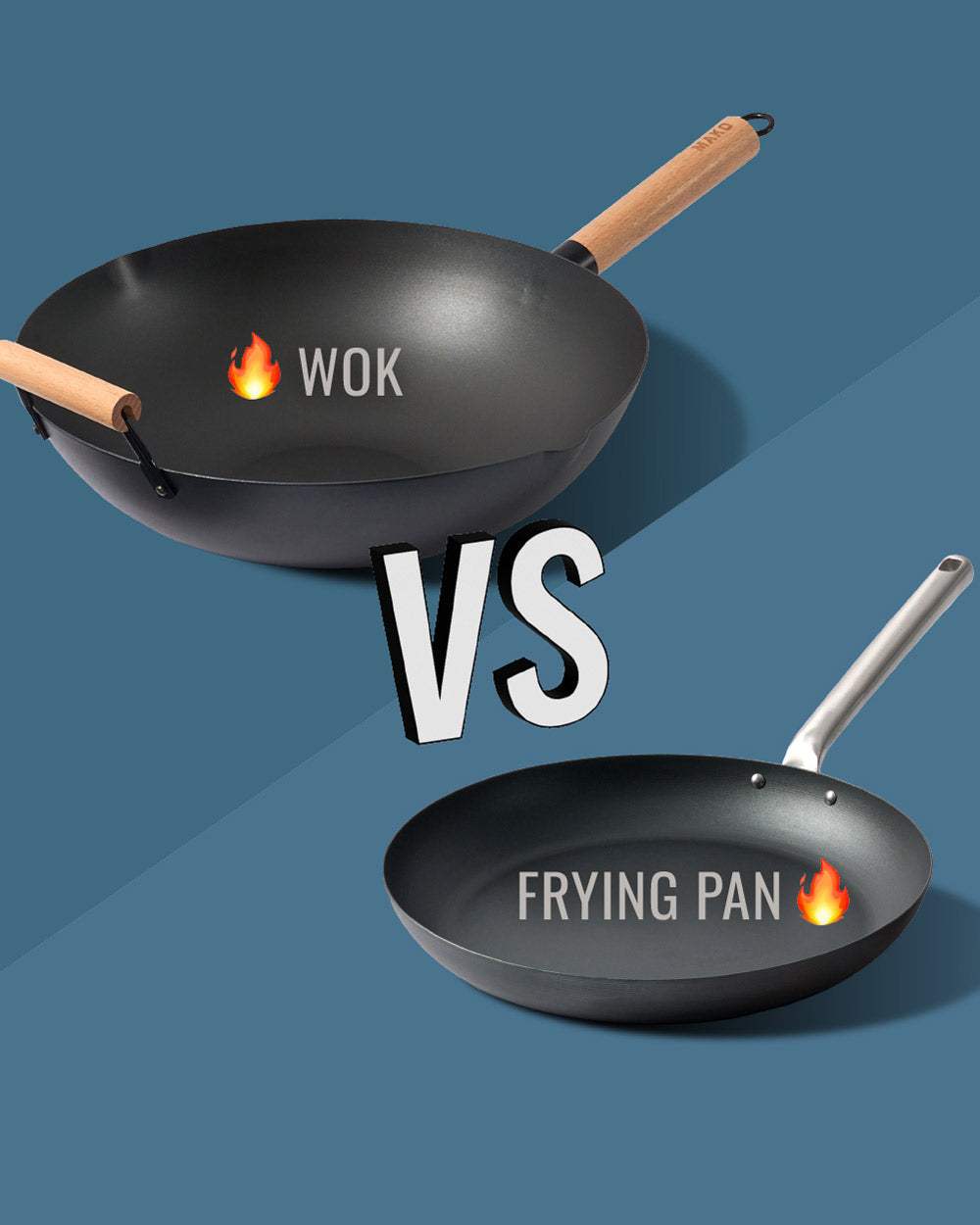 Wok versus frying pan comparison on blue background with wooden and metal handles, cookware contrast