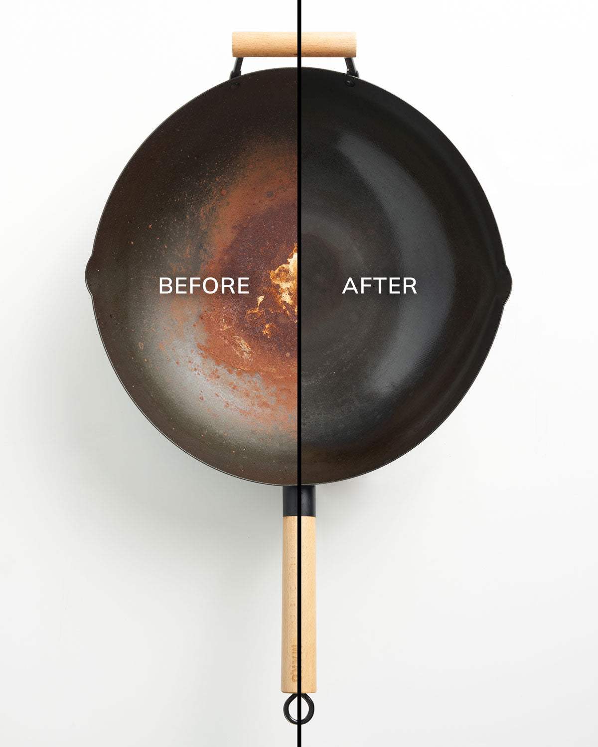 Side-by-side comparison of a wok showing rust removal before and after cleaning.