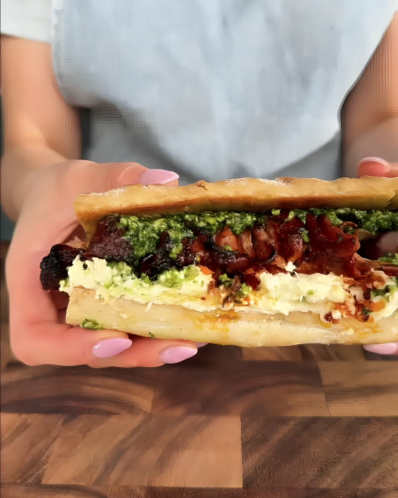 Crispy Mortadella Sandwich with Pesto and Stracciatella