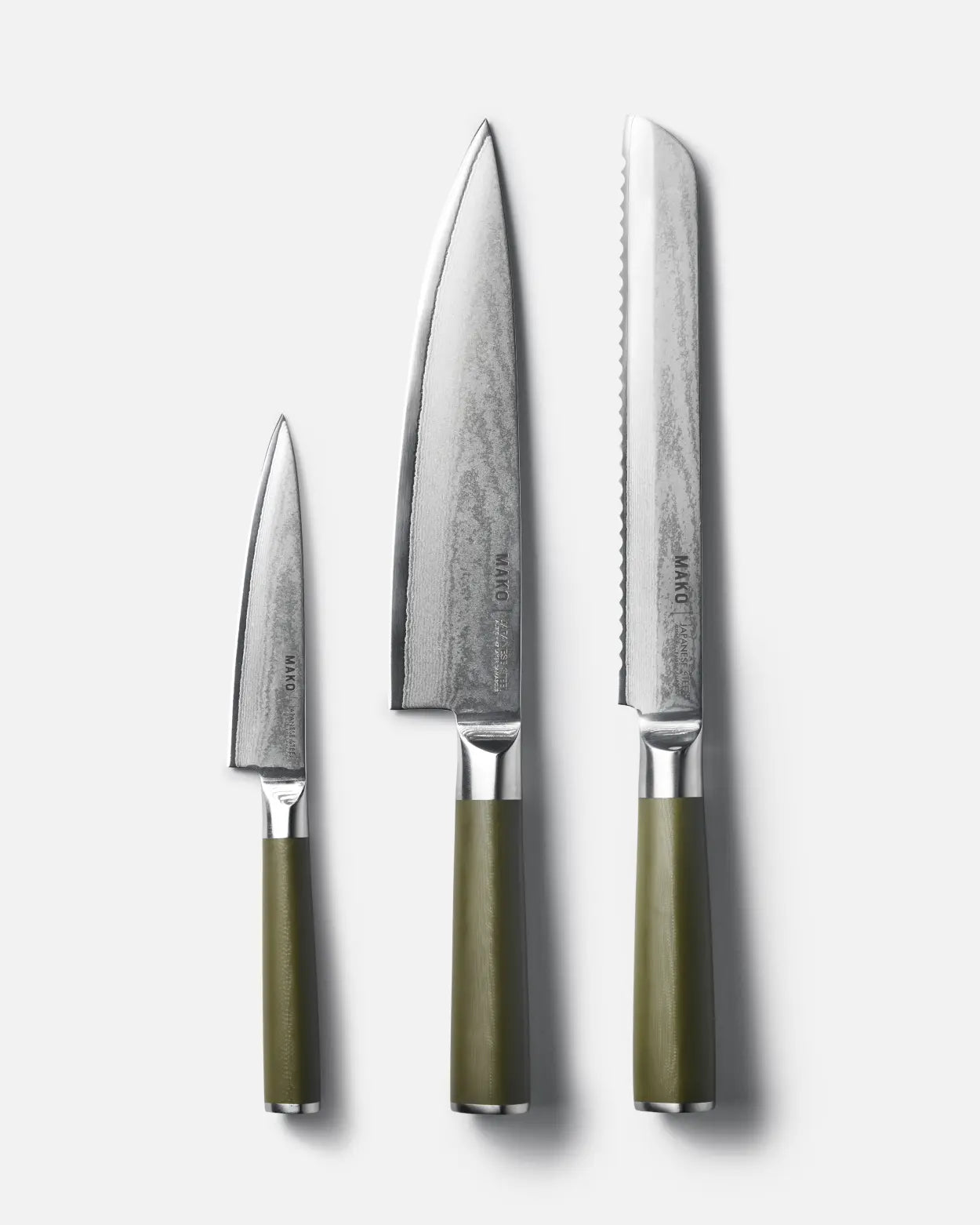 MAKO Japanese Steel Knife Trio - Olive Green white background Utility Chef Bread