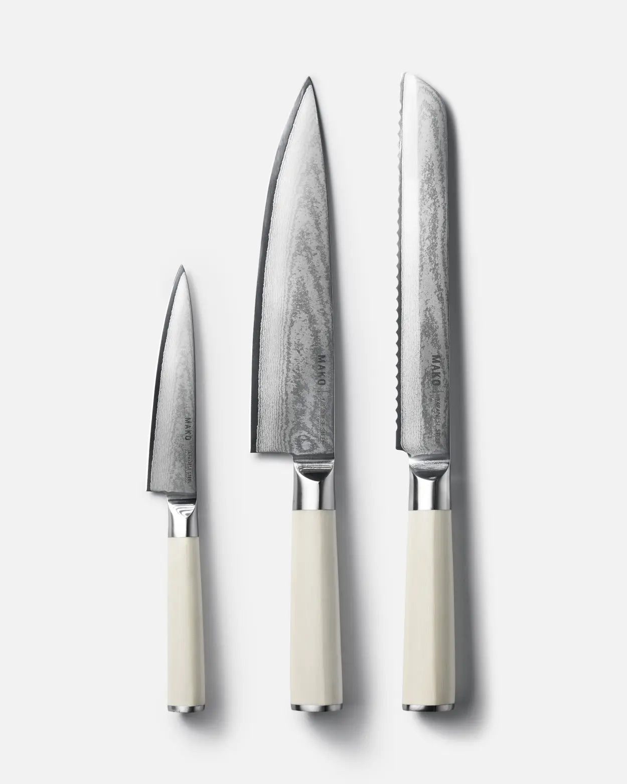 MAKO Japanese Steel Knife Trio - Cream white background Utility Chef and Bread Knives