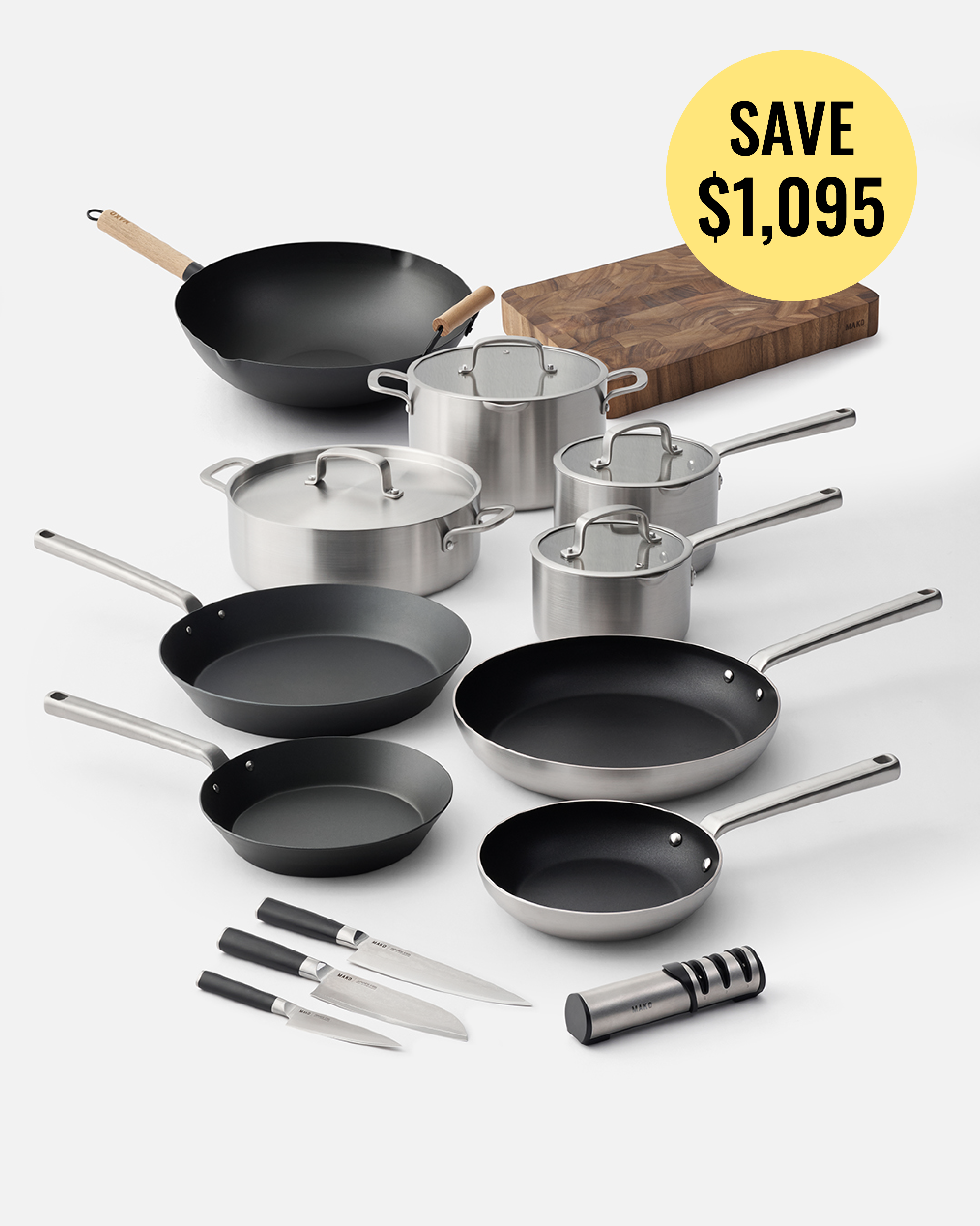 A 16-piece stainless steel and non-stick cookware set arranged on a light gray background, including multiple pans, pots with lids, three knives, a wooden cutting board, and a yellow promotional badge that reads 'SAVE $1,095'.