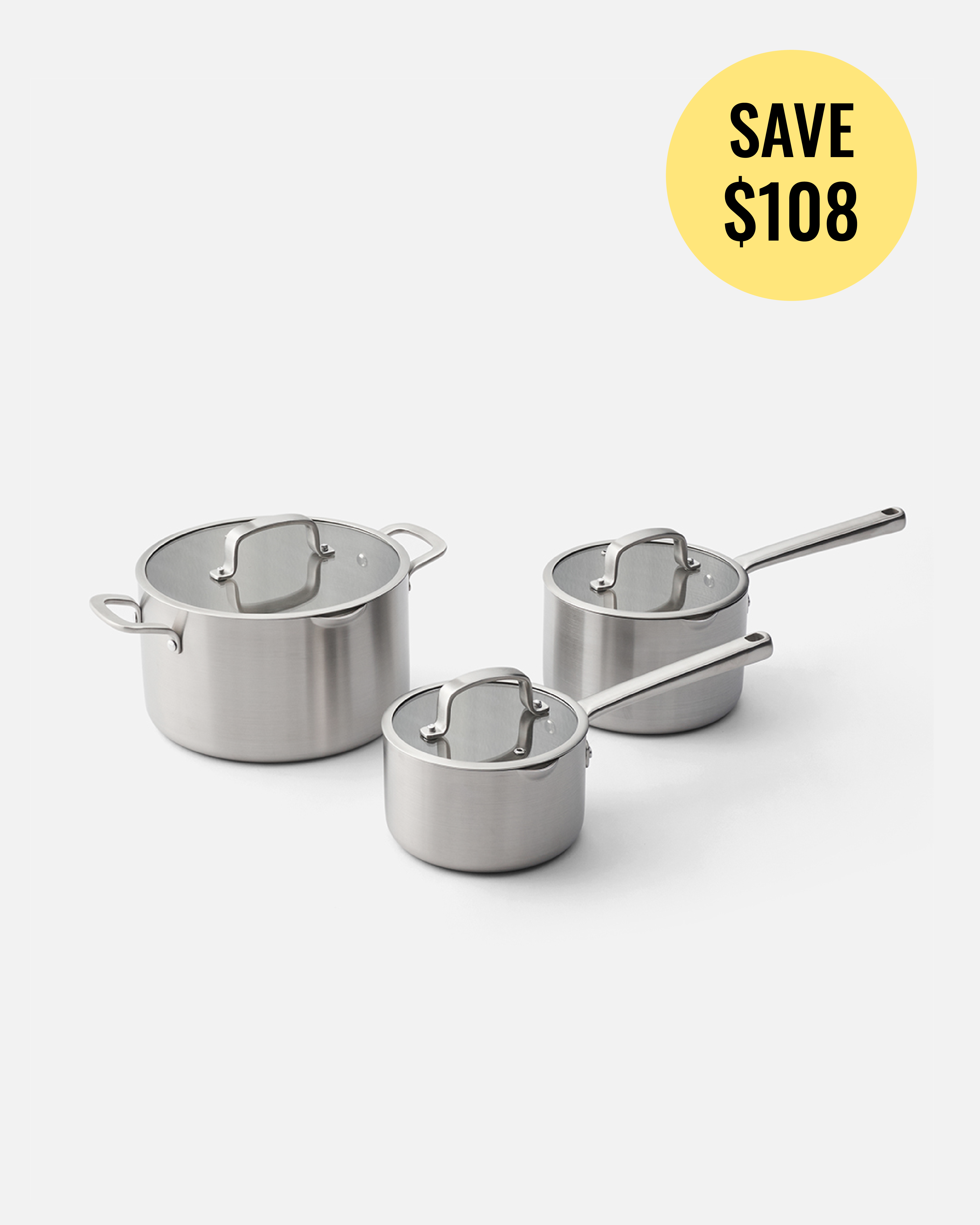 Three stainless steel saucepans with glass lids in different sizes, arranged on a light gray background with a yellow circular badge in the top right that reads 'SAVE $108'.