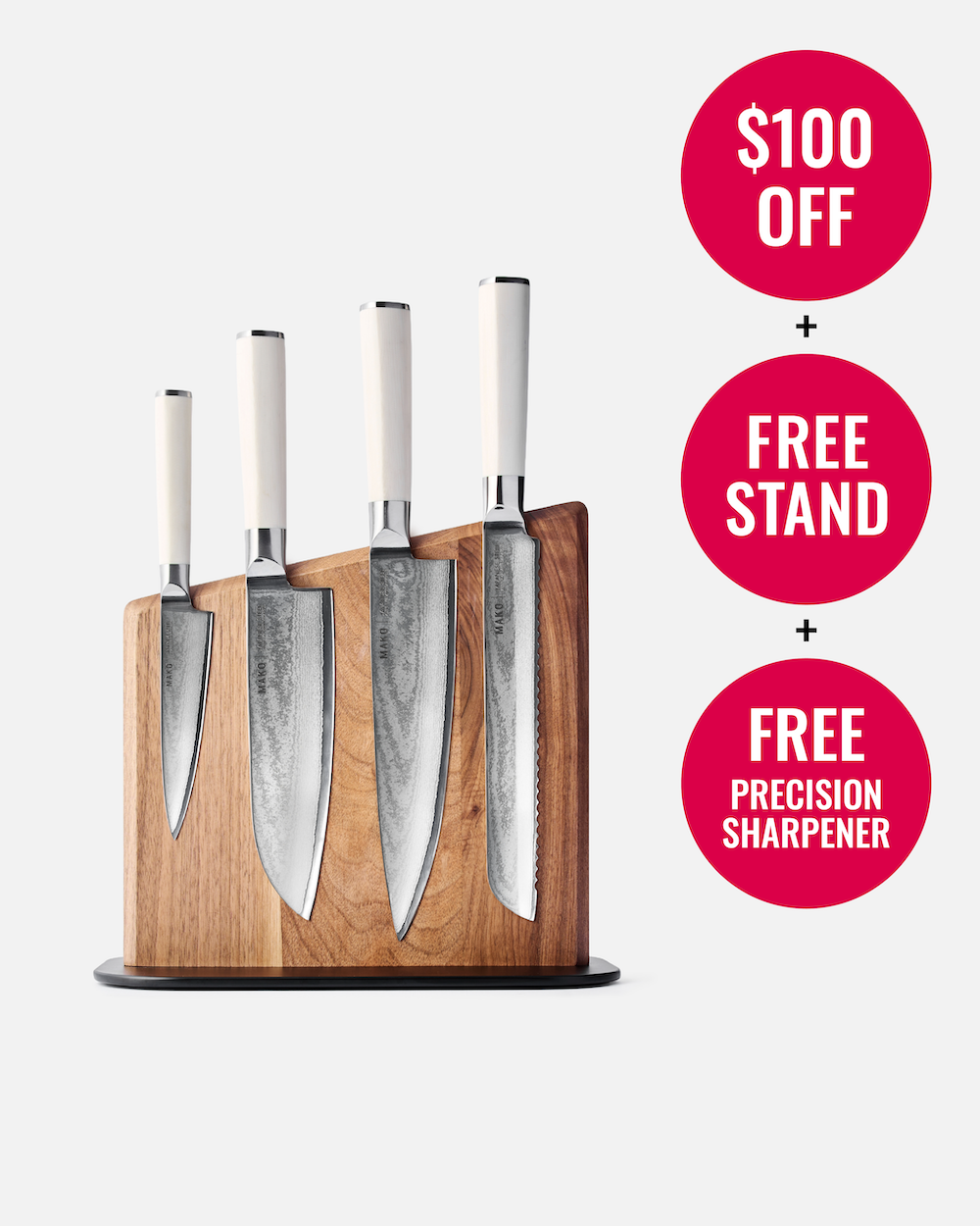 MAKO Japanese Steel Knife Set of 4 - Cream Magnetic Stand $100 off Free Stand Free Precision Sharpener