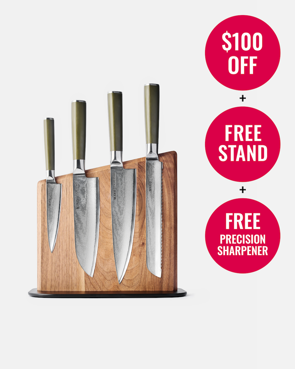 MAKO Japanese Steel Knife Set of 4 - Olive Green Magnetic Stand $100 off Free Stand Free Precision Sharpener