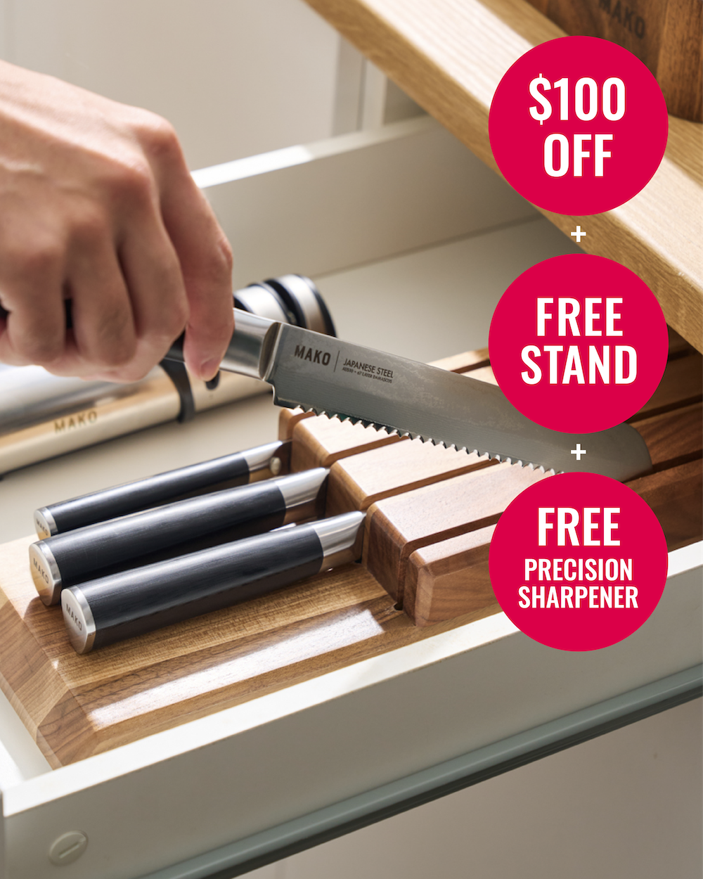 MAKO Japanese Steel Knife Set of 4 - Black In Drawer $100 off Free Stand Free Precision Sharpener