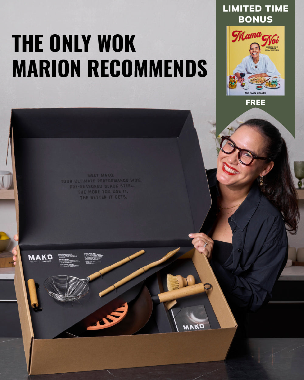 MAKO Wok Kit CookDineHost Marion Grasby holding WOk Kit in box free book callout