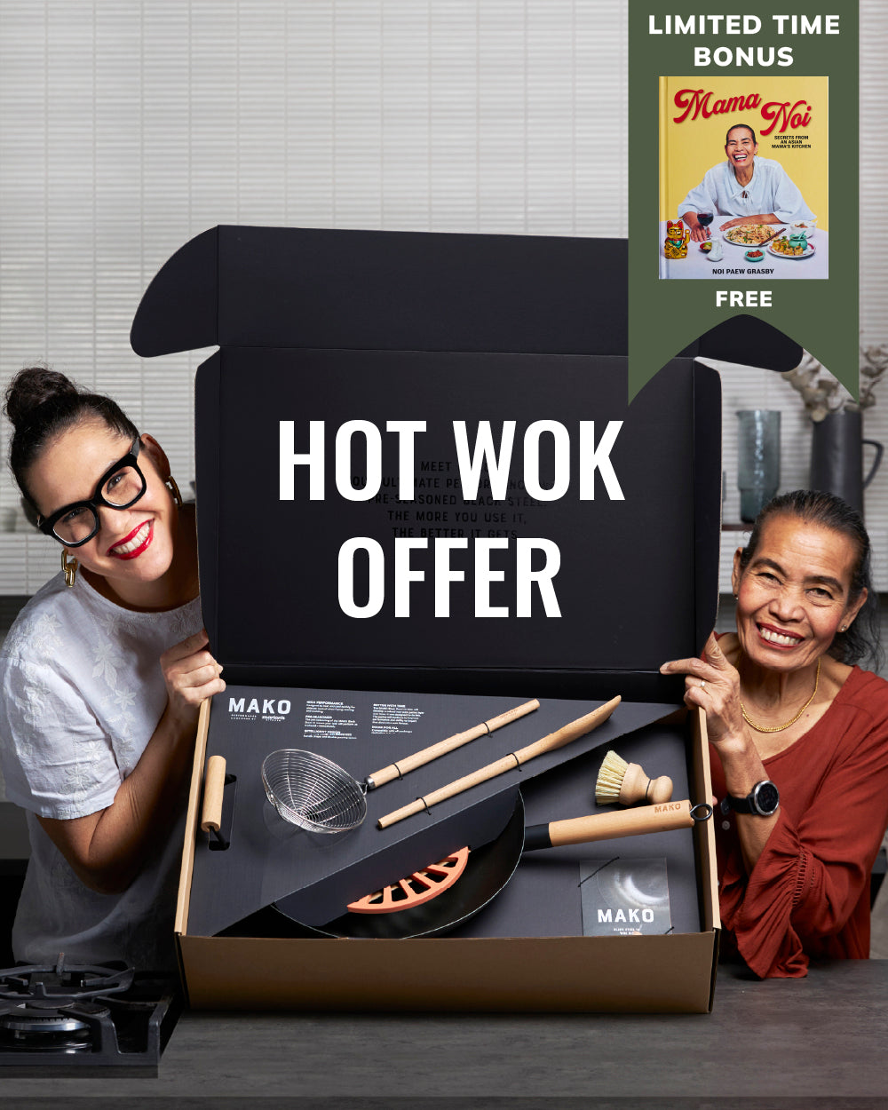 MAKO Hot Wok Offer Marion Grasby and Mama Noi holding Wok Kit in Box