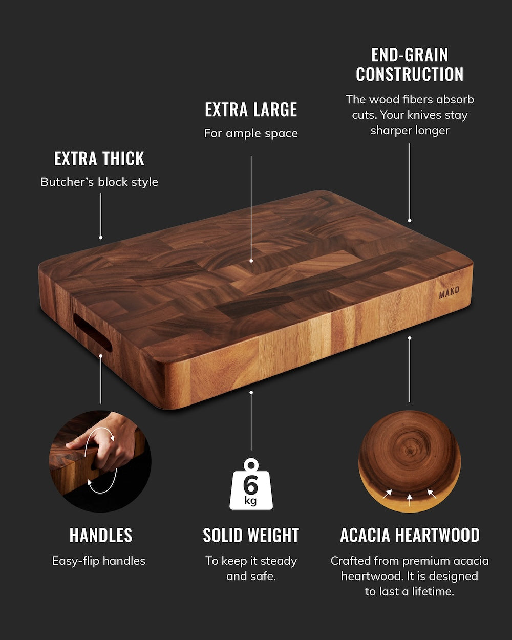 Extra large acacia end-grain butcher block cutting board with handles and solid weight