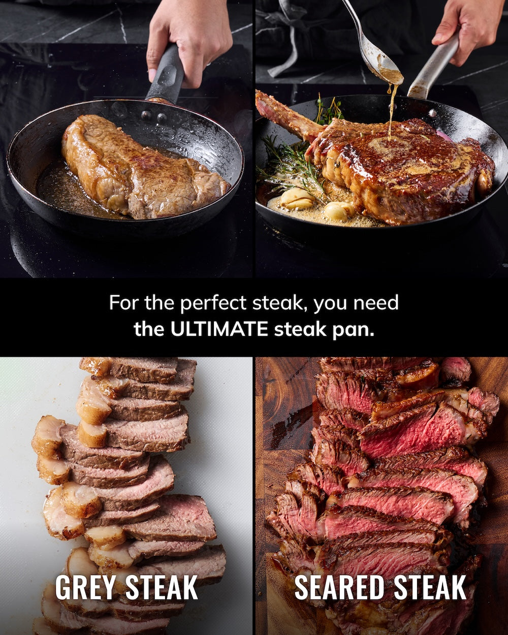 Side-by-side comparison of steak cooking techniques: one pan with a pale, grey steak, another with a juicy, browned seared steak, highlighting difference in steak doneness and pan quality.