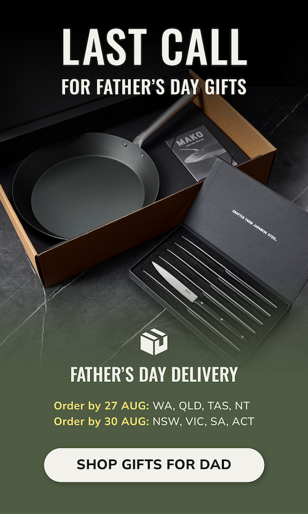 Promotional graphic for a Father's Day gift set featuring a dark non-stick frying pan in an open box and a matching knife set in a black presentation case, with large text reading 'LAST CALL FOR FATHER'S DAY GIFTS' and 'FATHER'S DAY DELIVERY'.