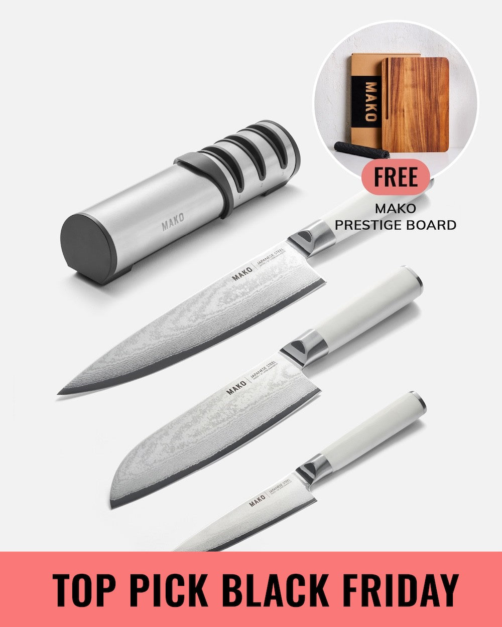 MAKO - Japanese Steel Knife Set with FREE Prestige Chopping Board Black Friday Cream Colour