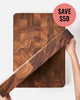 Hands holding thick wooden Mako cutting board with end grain pattern and Save $50 tag