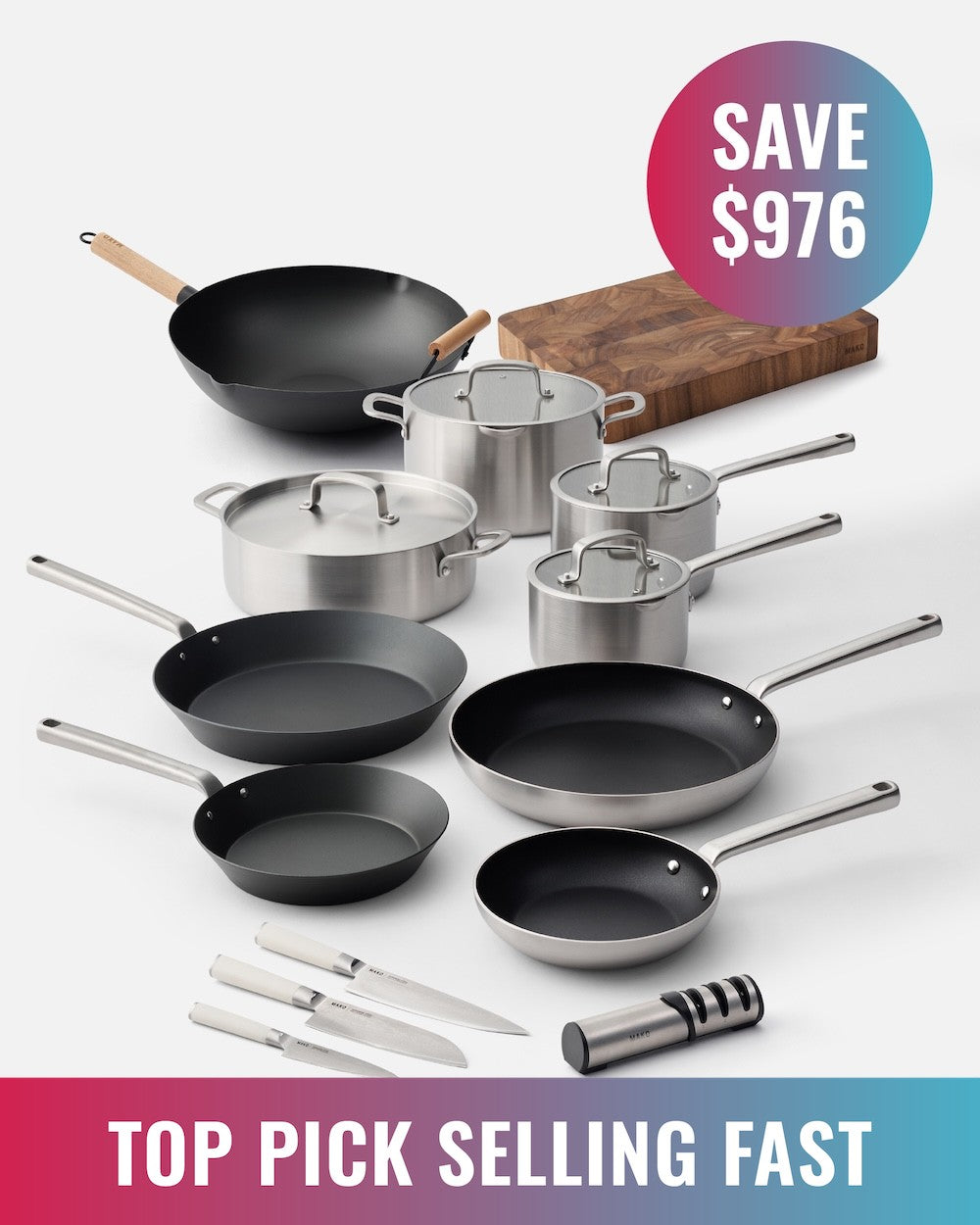 MAKO Ultimate Kitchen Upgrade Cream Set (14 Piece Set) scatter on white background with BF messaging