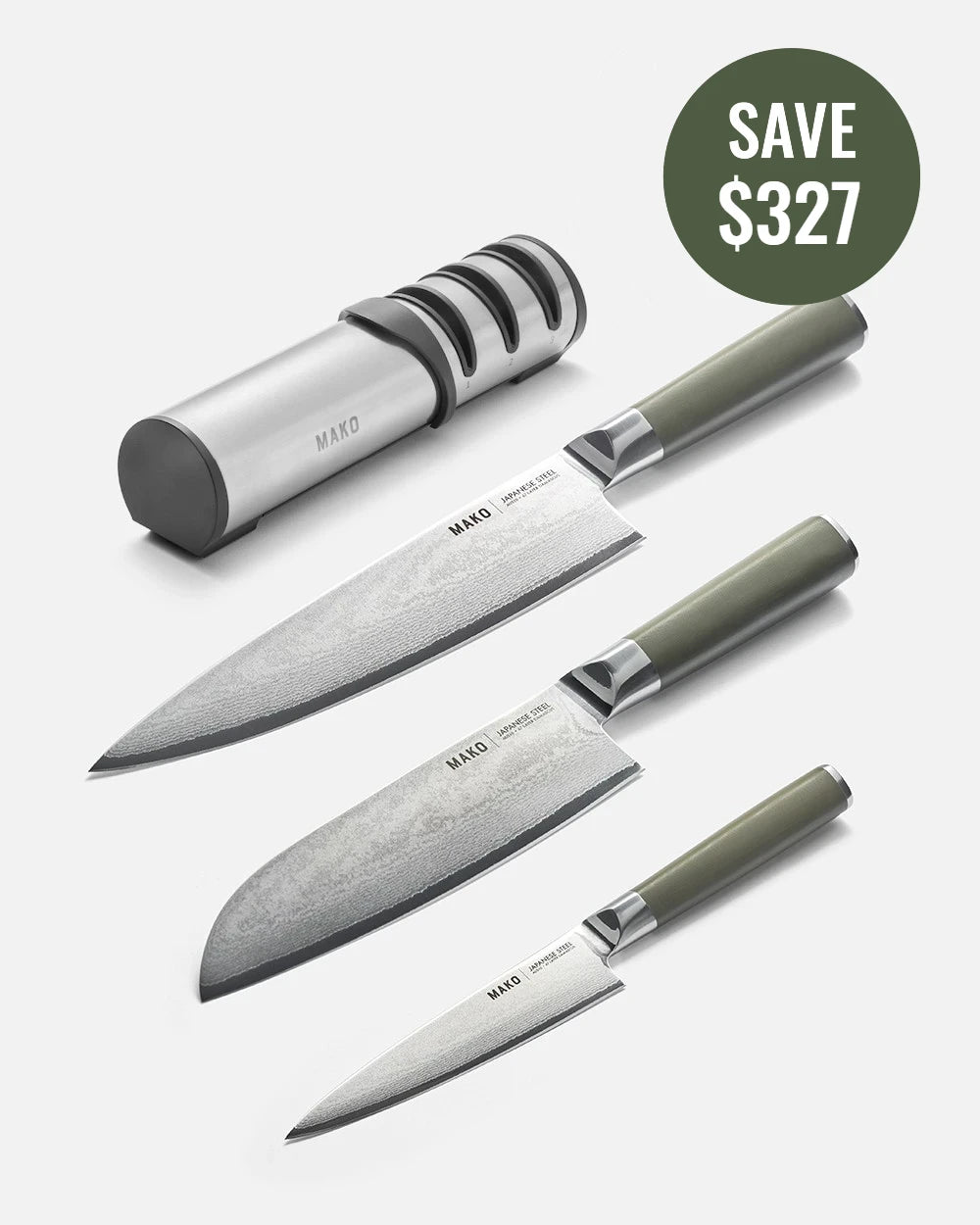 MAKO Japanese Steel Knife & Sharpener Set - Olive Green CookDineHost