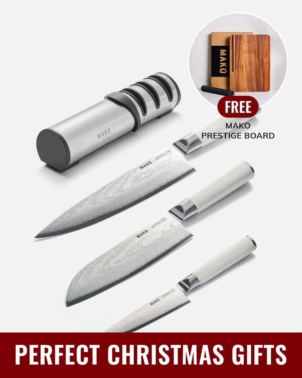 MAKO - Japanese Steel Knife Set with FREE Prestige Chopping Board Cream