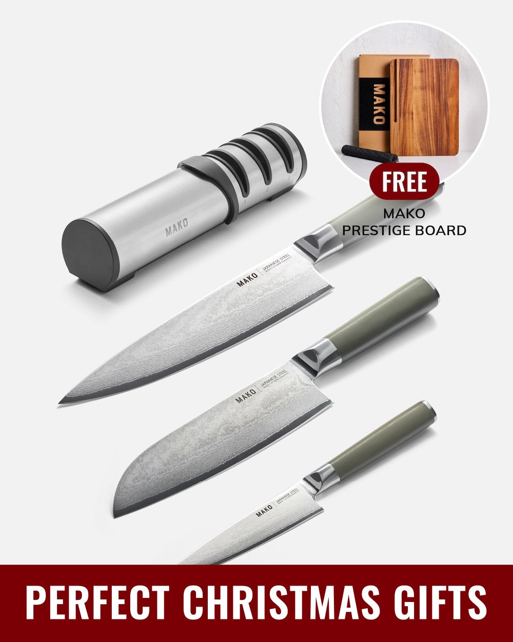 MAKO - Japanese Steel Knife Set with FREE Prestige Chopping Board Olive