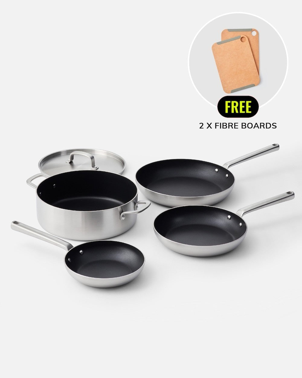 Stainless steel non-stick cookware set with three frying pans, one pot, and free fiber boards.