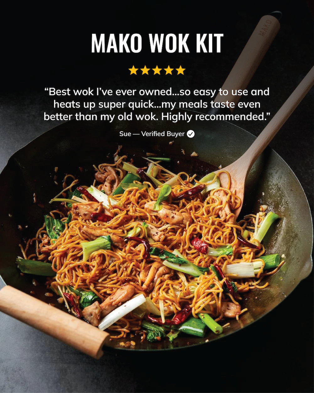 MAKO Wok Kit review best wok I've ever owned. Heats up super quick. In use noodles and vegetables