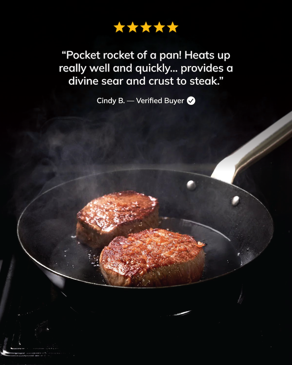 MAKO Black Steel Mini Sear Pan review heats up really well, divine sear and crust to steak. In use shot on stove top