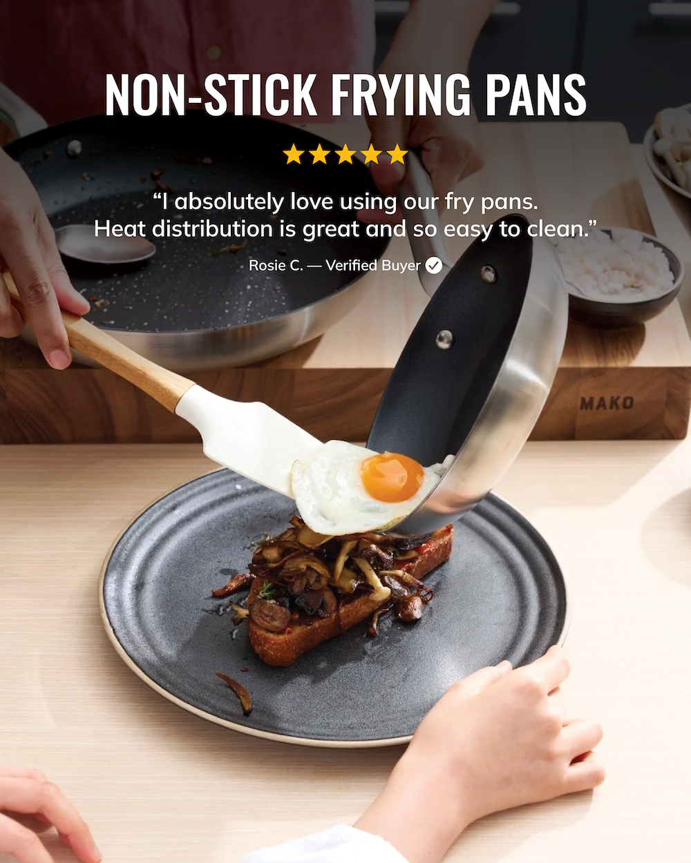 MAKO Non-Stick Frying Pans review heat distribution is great, easy to clean. In use egg onto mushrooms and toast.
