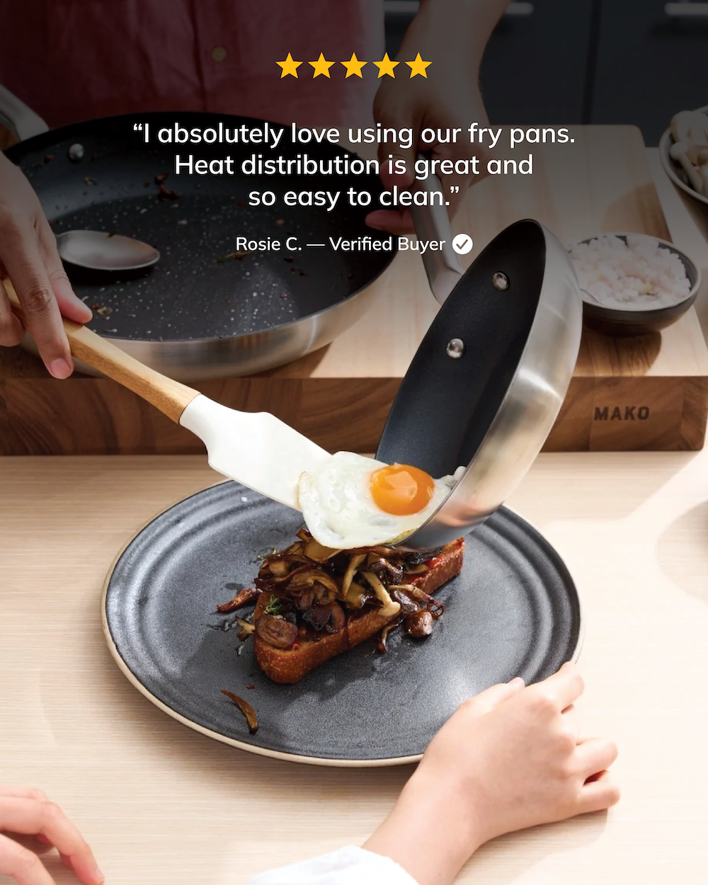 MAKO Non-Stick Frying Pans review heat distribution is great, easy to clean. In use egg onto mushrooms and toast.