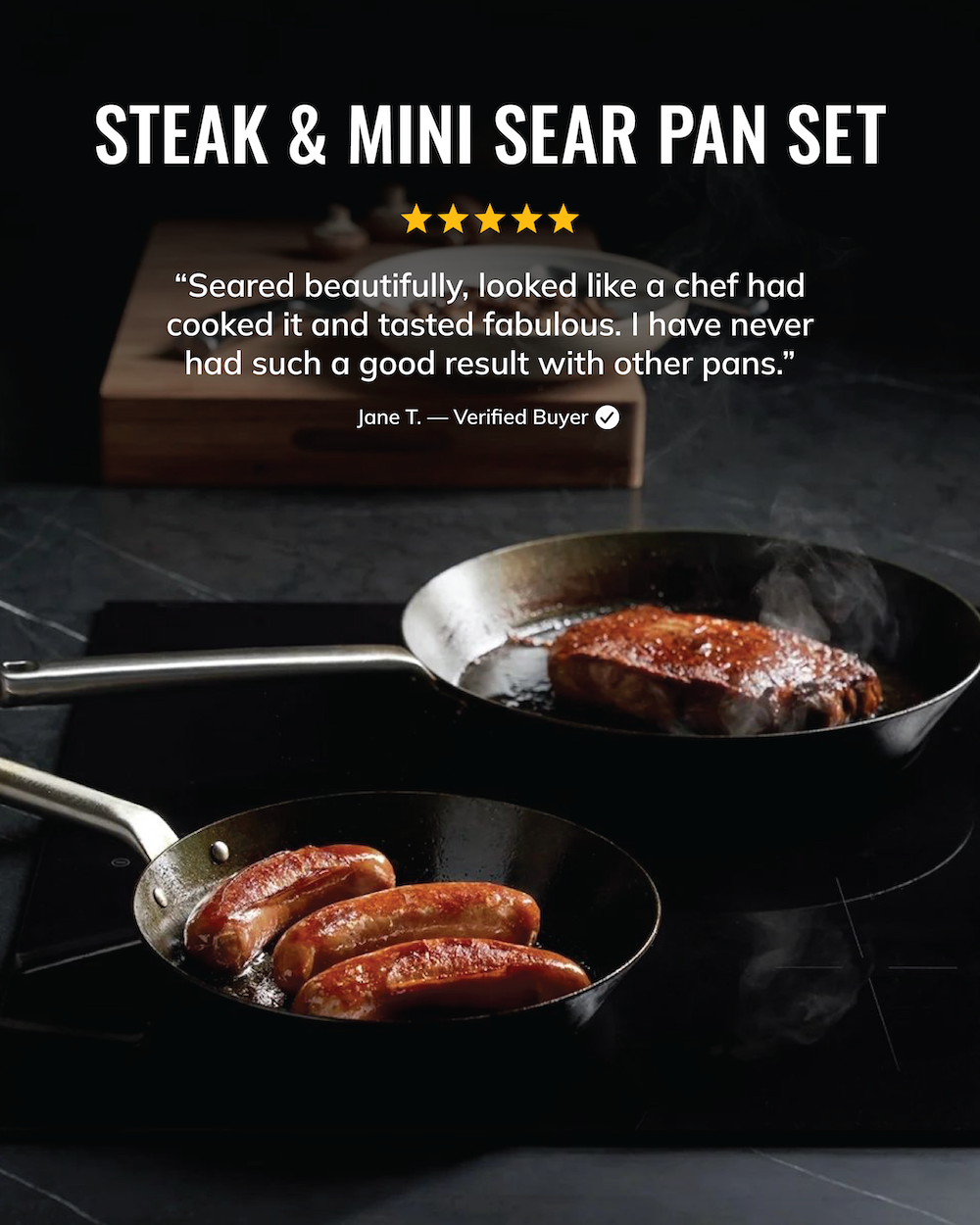 MAKO Black Steel Steak & Mini Sear Pan Set review. Seared beautifully. Never had such a good result.