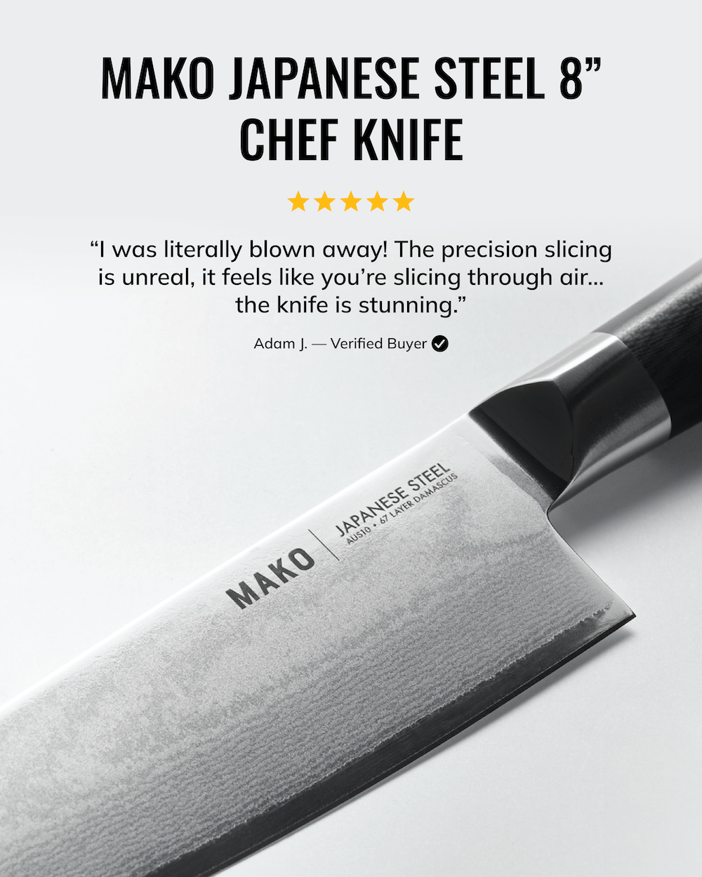 MAKO Japanese Steel Black 8″ Chef Knife Review slicing through air 5 stars verified buyer