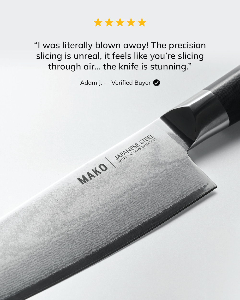MAKO Japanese Steel Black 8″ Chef Knife Review slicing through air 5 stars verified buyer