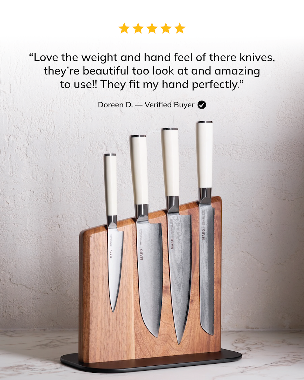MAKO Japanese Steel Knife Set of 4 - Cream Magnetic Stand Review. Love the weight and hand feel. Amazing to use.