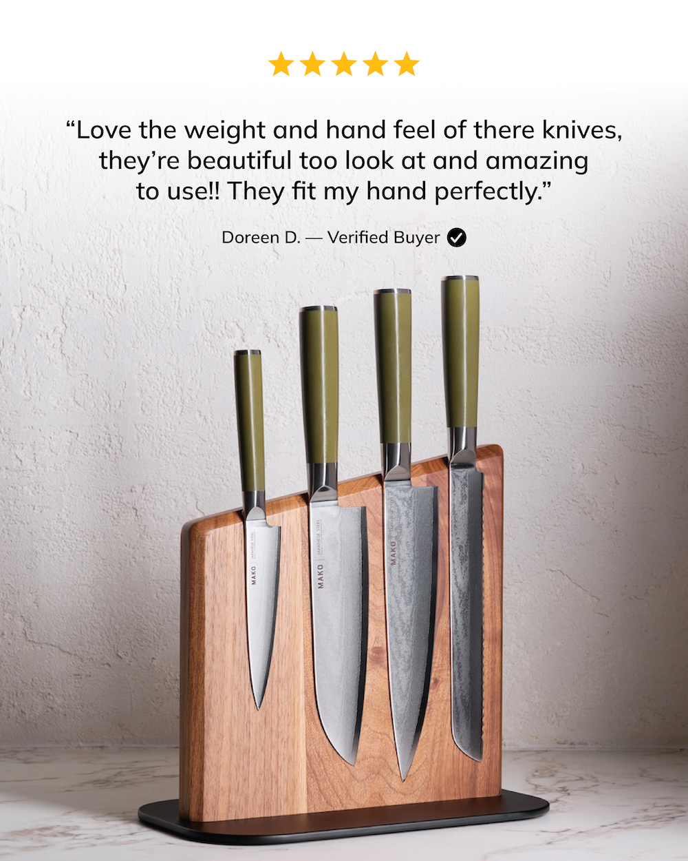 MAKO Japanese Steel Knife Set of 4 - Olive Green Magnetic Stand Review. Love the weight and hand feel. Amazing to use.