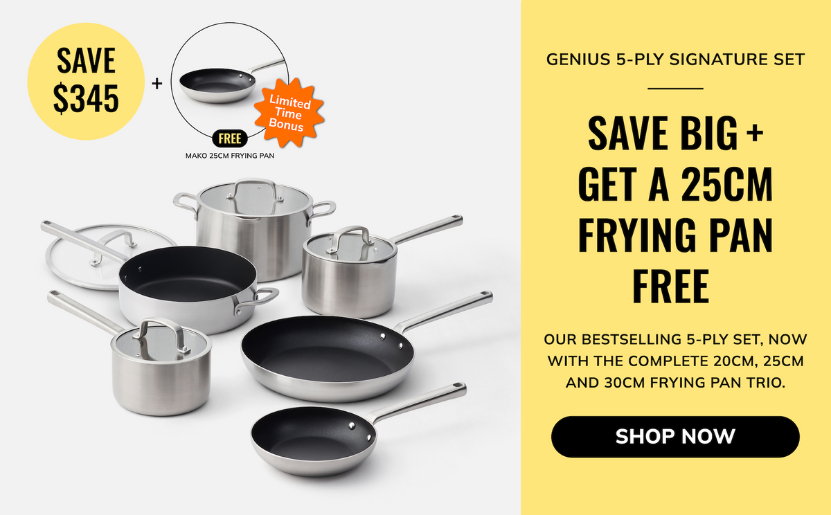 A promotional product graphic for a 5-piece stainless steel frying pan set with lids, shown on a light gray background with a large yellow sidebar containing sale text and a 'SHOP NOW' button.