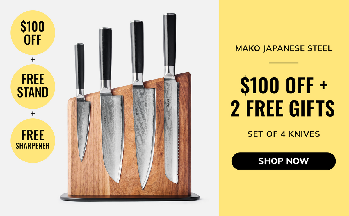 A set of four Mako Japanese steel kitchen knives with black handles displayed in a wooden stand on a light gray background, alongside promotional text on a yellow panel offering a $100 off, free stand, and free sharpener.