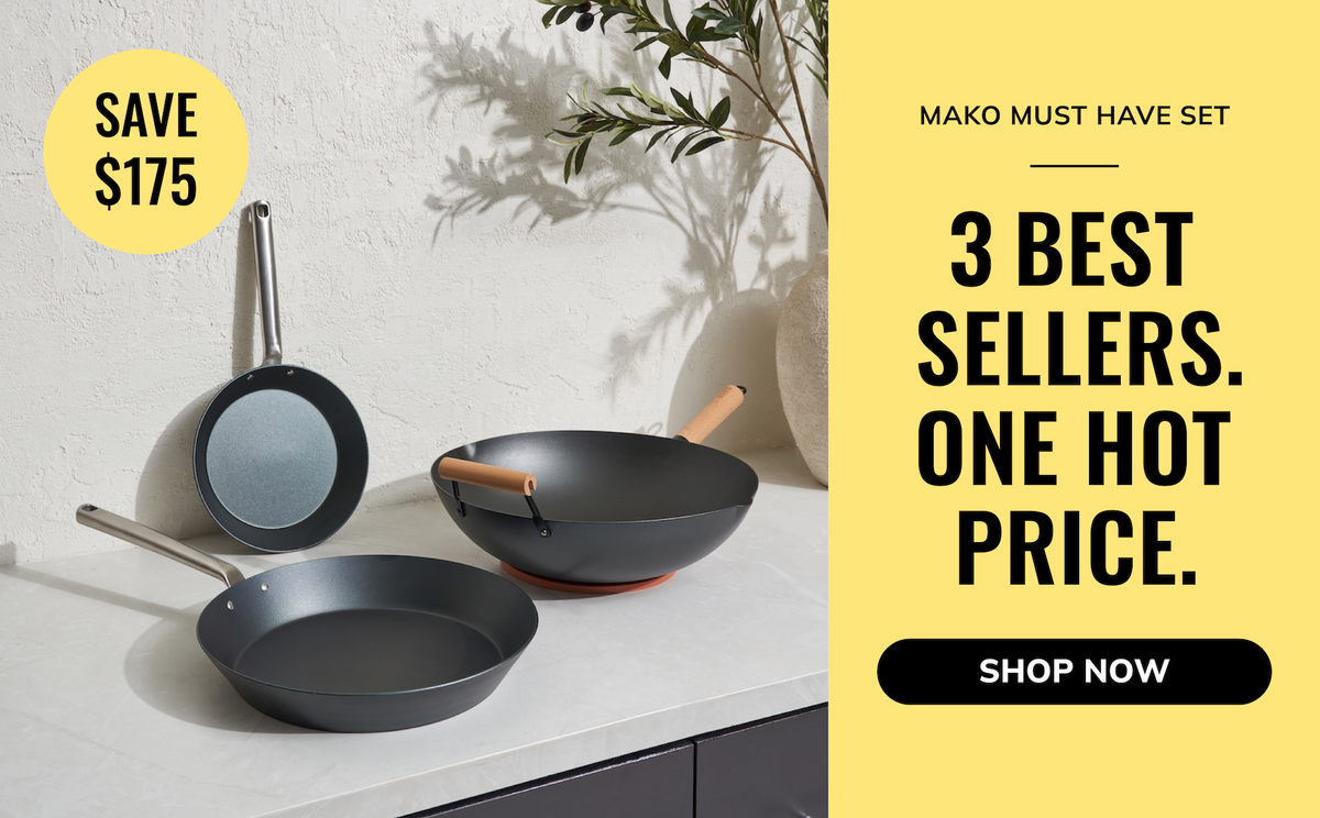 Three Mako cookware pieces displayed on a countertop in a styled kitchen setting, with a yellow promotional text panel on the right reading '3 BEST SELLERS. ONE HOT PRICE.