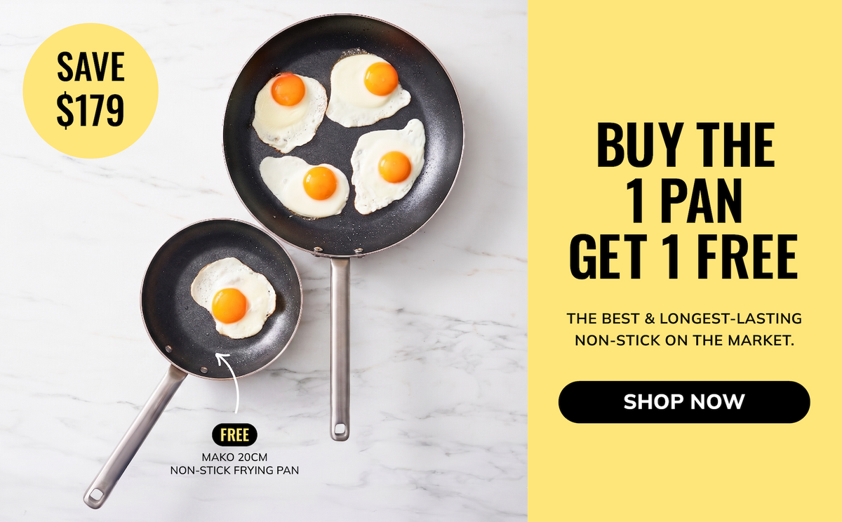 Promotional banner for a Mako 20cm non-stick frying pan. The left side shows two black non-stick pans with eggs cooking in them on a white marble surface, with a yellow circle reading 'SAVE $179' and a black banner on the right reading 'BUY THE 1 PAN GET 1 FREE' with a 'SHOP NOW' button.