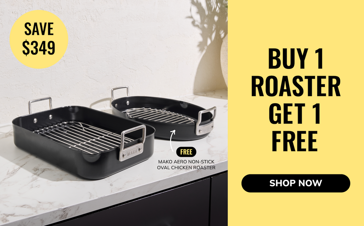 Promotional banner for a black rectangular roaster with a metal rack and handles, shown on a marble countertop next to a yellow sidebar with text reading 'BUY 1 ROASTER GET 1 FREE' and a 'SHOP NOW' button.