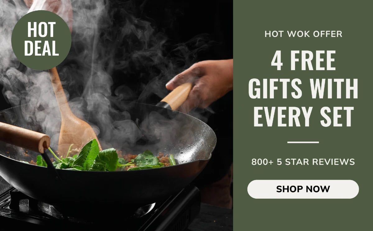 MAKO Hot Wok Offer 4 free gifts with every set. Wok in use with steam or smoke rising off hot pan CookDineHost