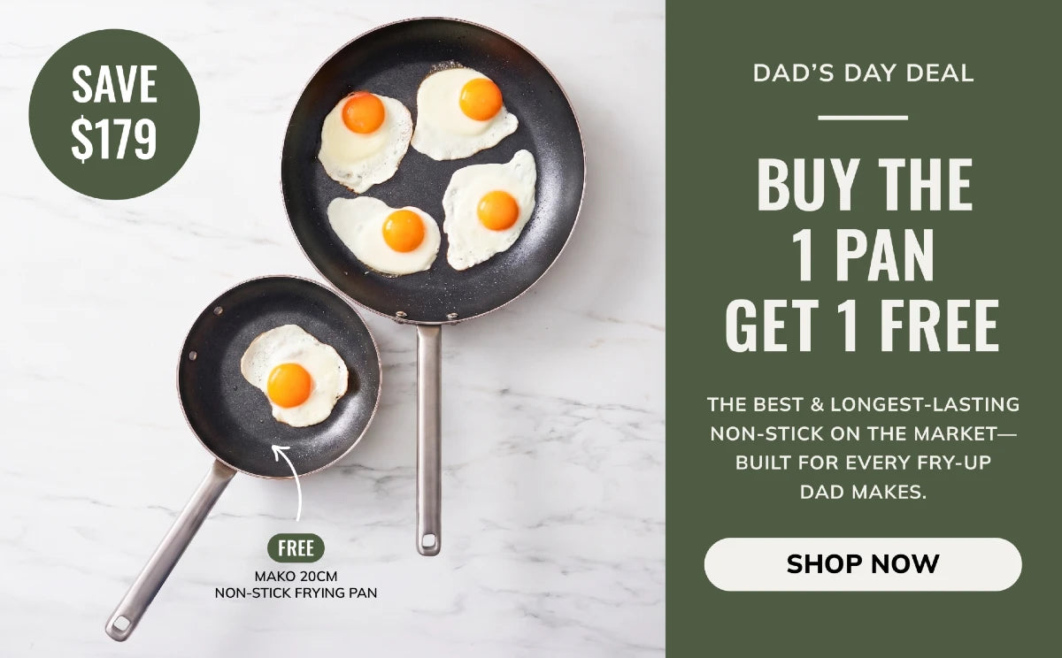 MAKO Non-Stick Frying Pan offer buy 1 pan get 1 free. Fried eggs in pans on white marble background CookDIneHost