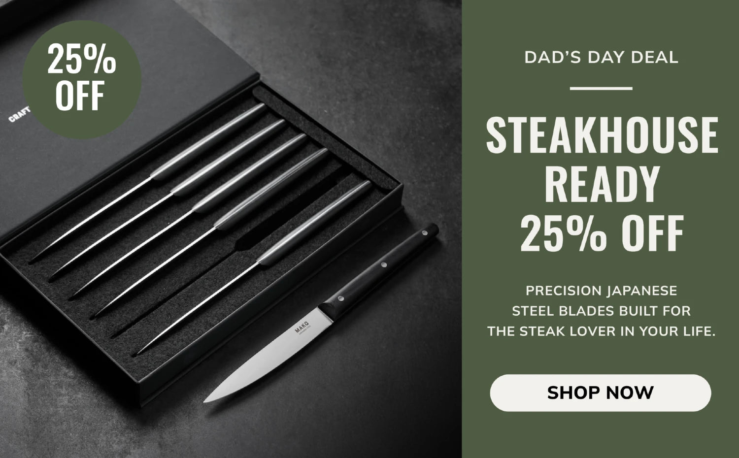 MAKO steak knife set black handles on dark bench top with one knife out of box CookDineHost Father's Day Dad's Day deals