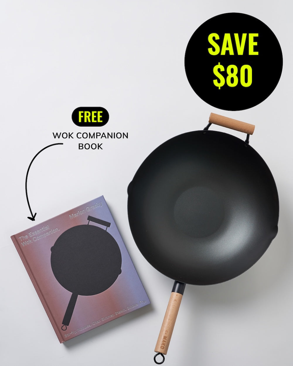 MAKO Wok Kit CookDineHost flat lay on white background next to wok companion book
